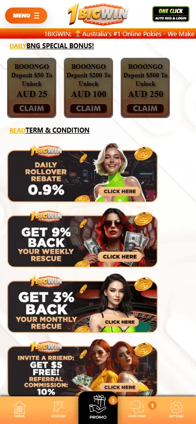 1BigWin Casino promotions interface on a mobile device