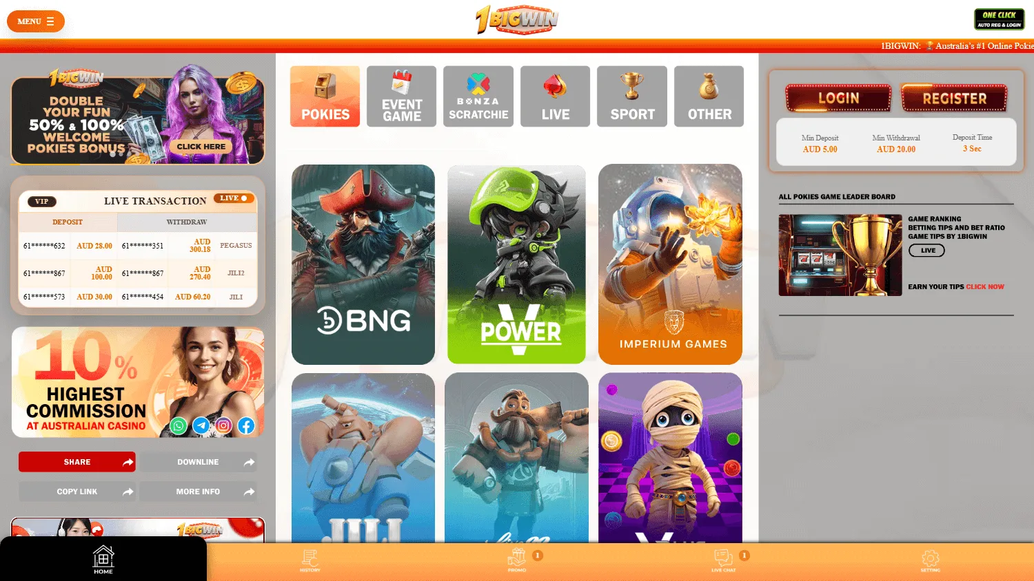 1BigWin Casino home interface on desktop